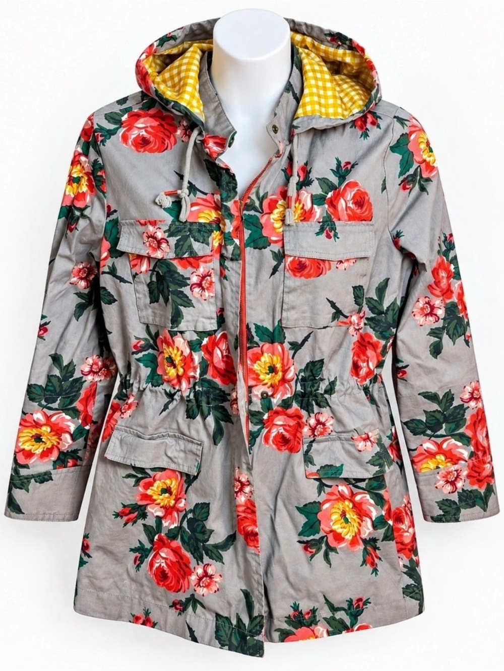 Matilda Jane Floral Hooded Utility Jacket Large Gray Red Rose Gingham Lined Anor